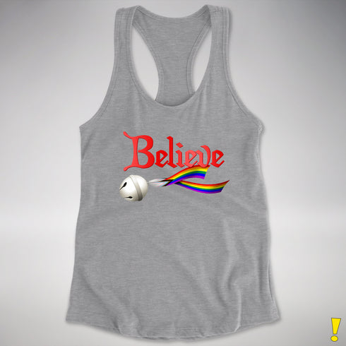 Believe Progress Pride LGBTQ Jingle Bell Racerback Tank - Heather Grey
